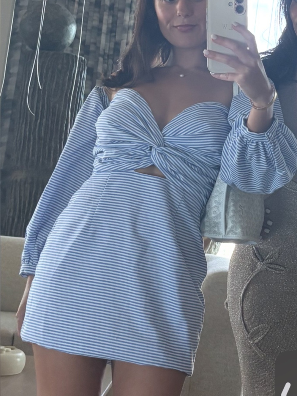 by the way. Blue & White Striped Twist-Front Mini Dress